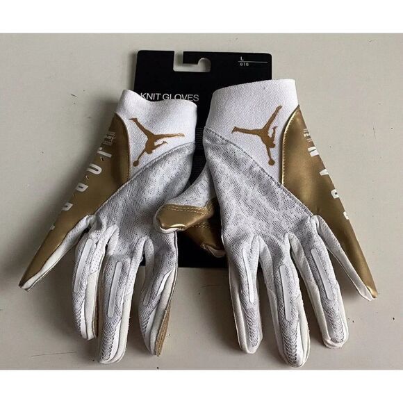 NIKE JORDAN VAPOR KNIT 4.0 METALLIC Football Receiver Gloves White Gold Size L - Picture 1 of 10